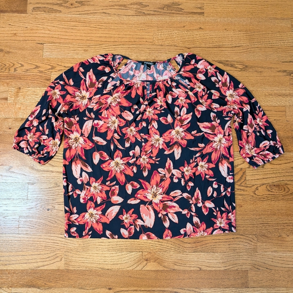 Roz & Ali Women's Blouse Black Coral Pink Floral Stretch 3/4 Sleeve Size L
